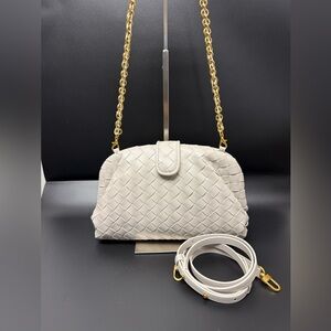 Chic Woven Cream Clutch with Gold Chain and adjustable leather strap